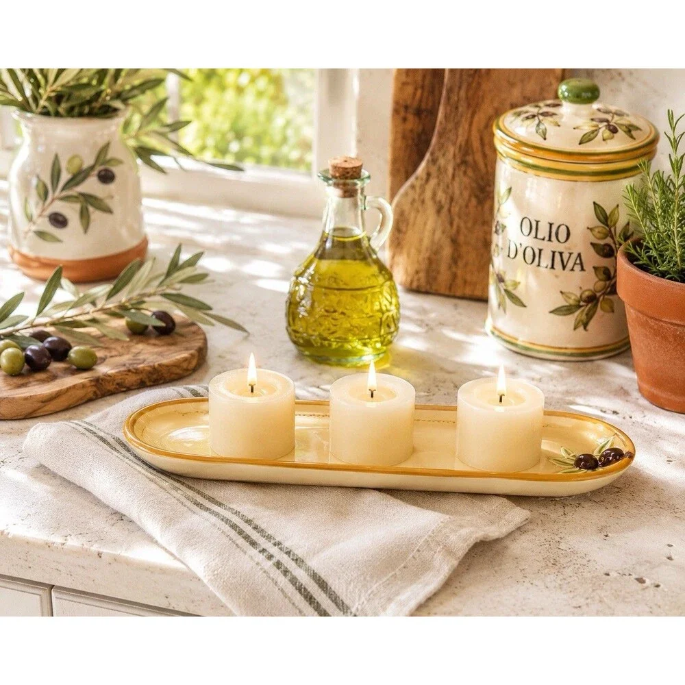 White Barn Candle Co Olive Ceramic Candle Tray Plate 10.5” Mediterranean Decor
